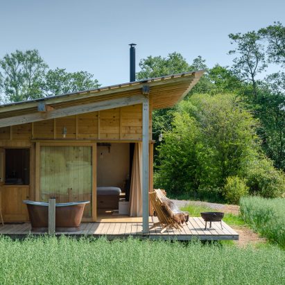 The exterior of the Holly Water cabin in Devon