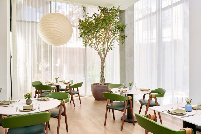 Green seating in the restaurant