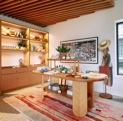 A wooden retail table by a local woodworker