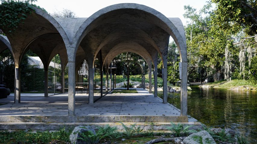 The house's design is made up of concrete arches