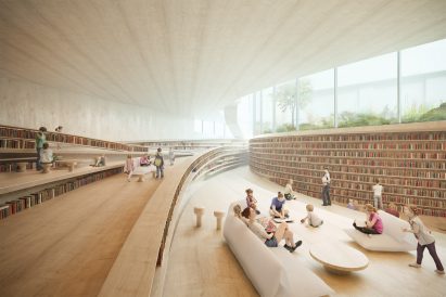 A visual of a stepped, wooden reading room