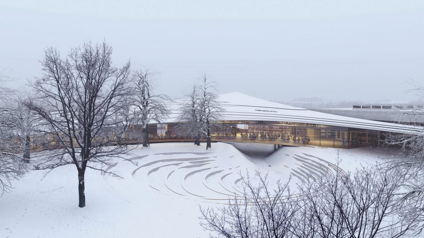 An aerial visual of a curved wooden library by Kengo Kuma
