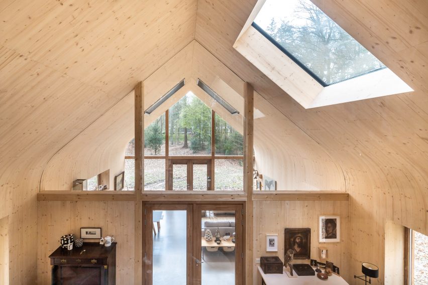 The wood-lined interiors of a forest cabin
