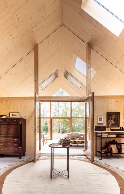 A hallway in a prefabricated wooden cabin