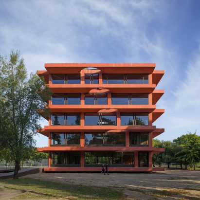 Glazed facade of INES innovation centre by Pezo von Ellrichshausen