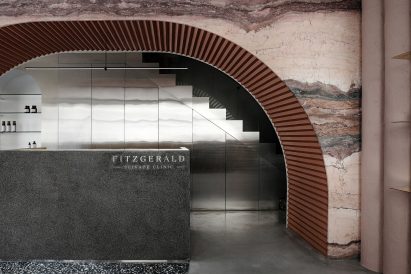 Marble arch with red zigzag tile interior in Dublin skin clinic Fitzgerald Private Clinic by Kingston Lafferty Design