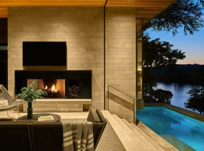 A narrow above-ground swimming pool
