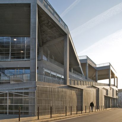 The concrete and metal exterior of a school in France