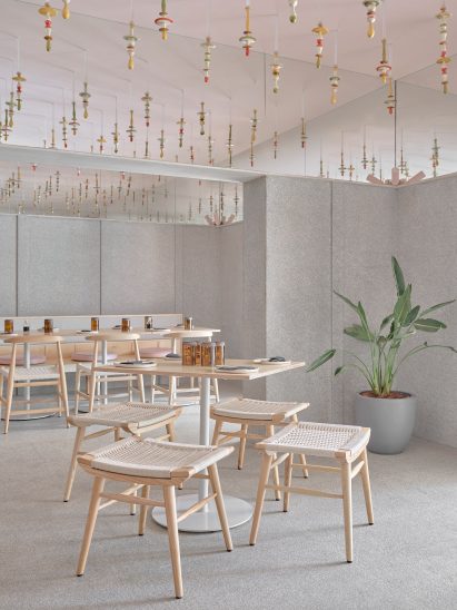 Turned wood sculpture installation in Lucky Chan restaurant in Bangalore by MAIA Design Studio