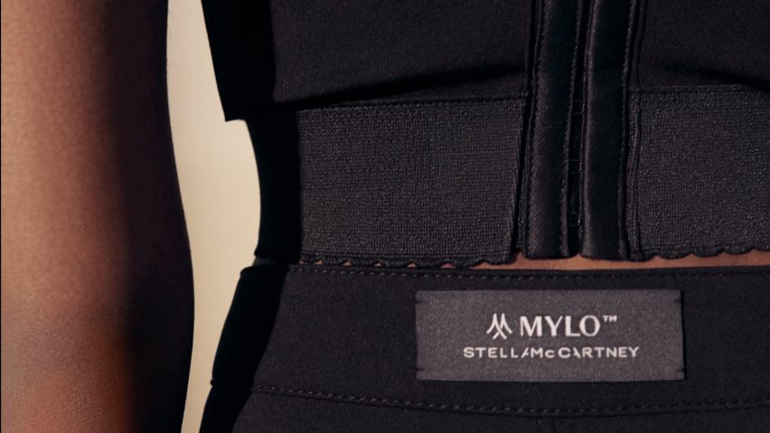 Close-up of co-ord by Stella McCartney made from Mylo mycelium leather