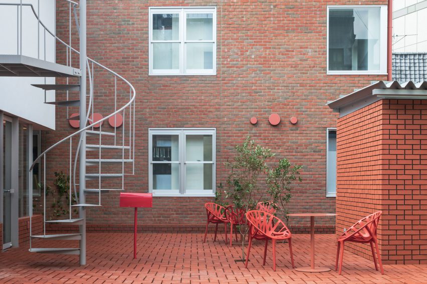 Red steel cafe chairs and tables