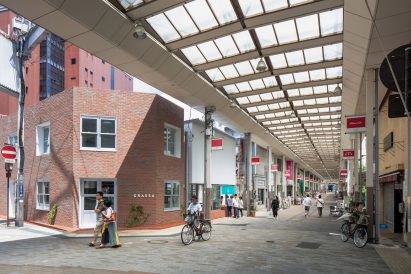 Shopping street with brick buildings in Japan