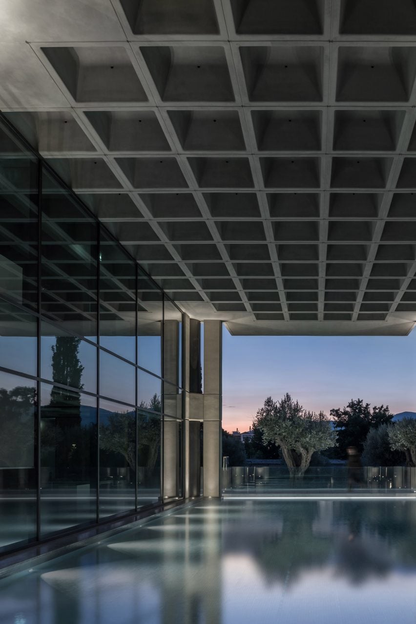 A brutalist building with a waffle slab ceiling