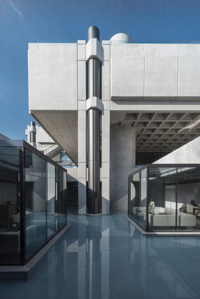 The concrete and glazed facades of a Greek office