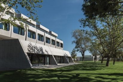 The brutalist facade of a concrete office in Athens
