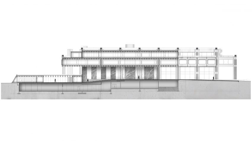 Section of a brutalist office in Greece renovated by George Batzios Architects