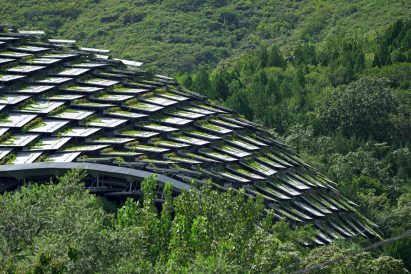 A shelter with overlapping metal panels