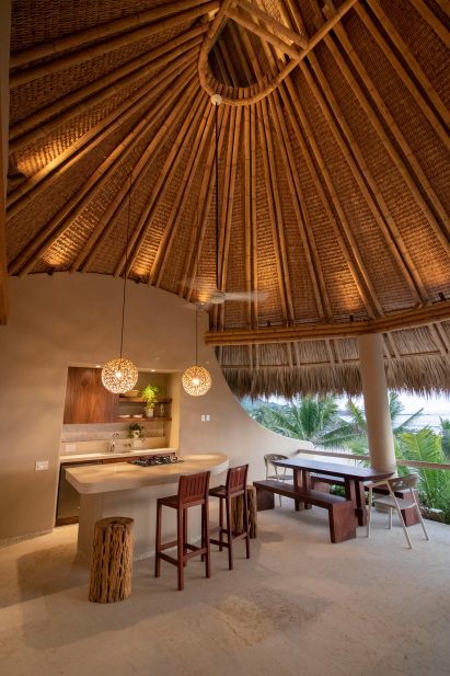 An interior view from under the thatched roof