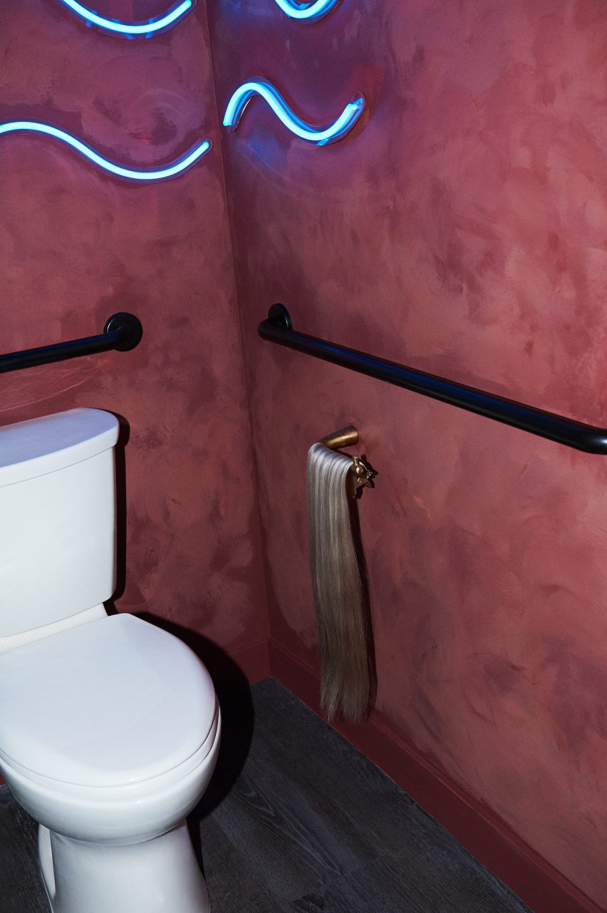Pink walls of the bathroom