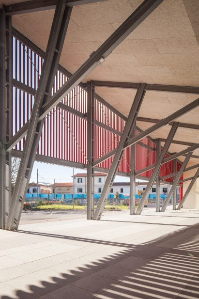 The exposed metal structure of a pavilion