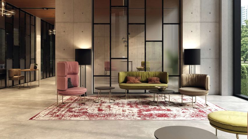 Ring sofa, tables and armchairs by Vank in a lobby