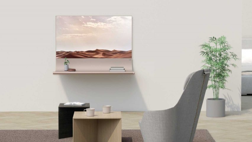 Scroll by Richard Bone TV and shelf designed for the OLED Go! competition from Dezeen and LG Display