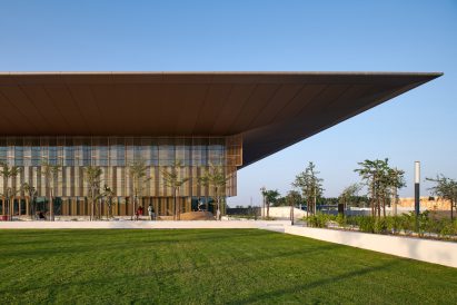 The giant overhanging roof of a library in Sharjah