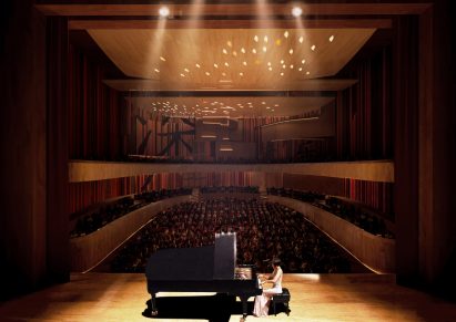 A visual of a dark multi-storey theatre
