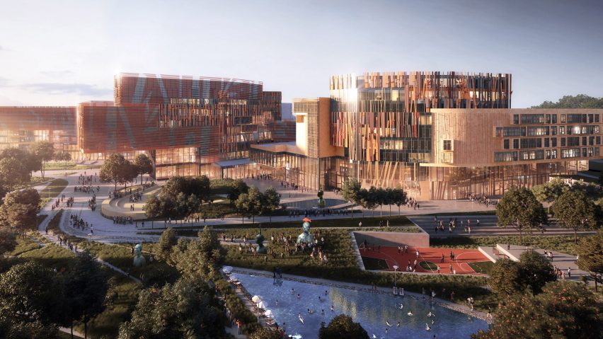 A visual of buildings clad in decorative louvres