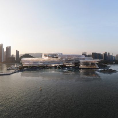 A visual of a sinuous building on the coast of Shenzhen
