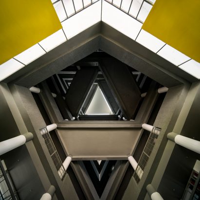 An angular atrium with crisscrossing bridges 