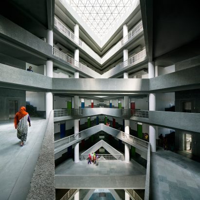 A multi-storey atrium with crisscrossing bridges 