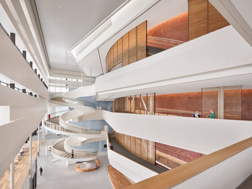 The main lobby has a spiral staircase