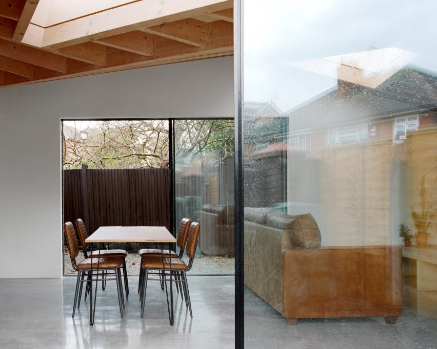 A white-walled dining room
