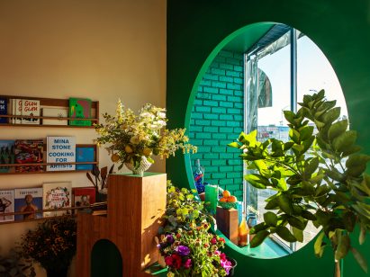 Green circular window in grocery store