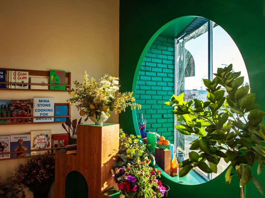 Green circular window in grocery store