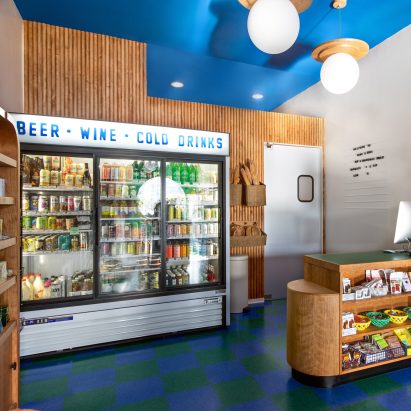 Wine and food store with cherry wood interior