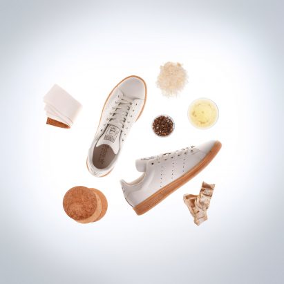 Mycelium leather trainer pictured next to raw mycelium