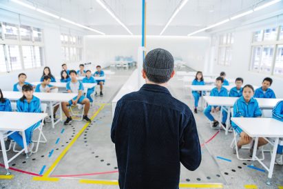 A teacher presents a lesson