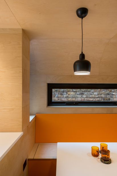 A wooden dining nook