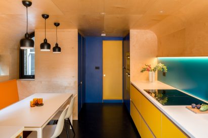 A wood-lined kitchen