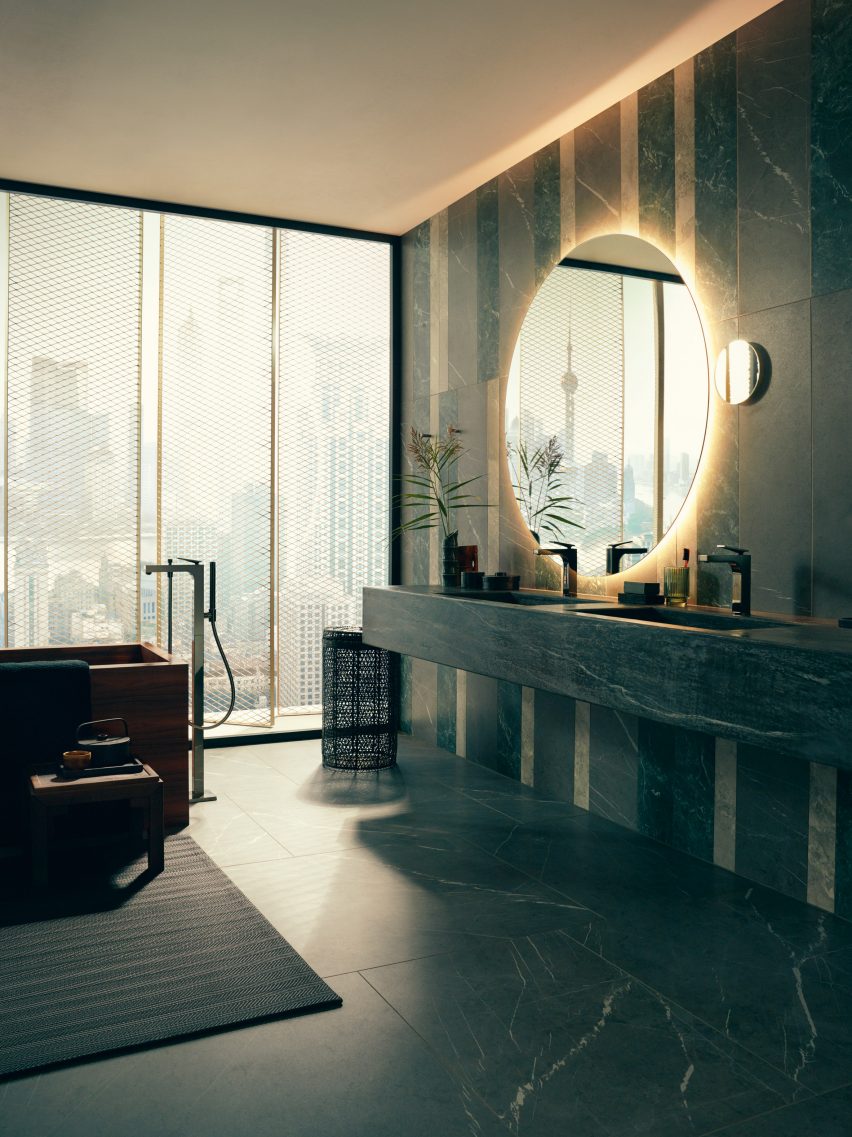 A dark stone-lined bathroom