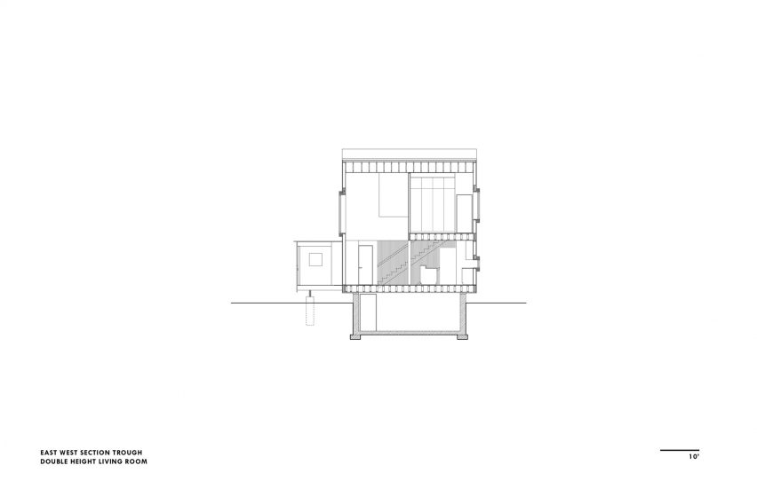 East west section through double height living room