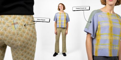 Stitch repaired trousers and felted T-shirt cover from Fixing Fashion collection
