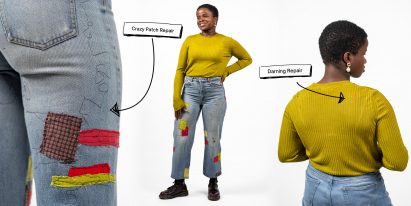 Patch repaired trousers and darning repaired top from Fixing Fashion collection