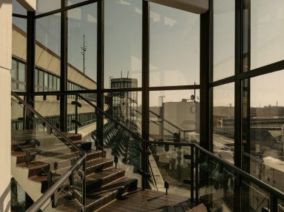 Glass staircase with tiled floor in Tegel airport 