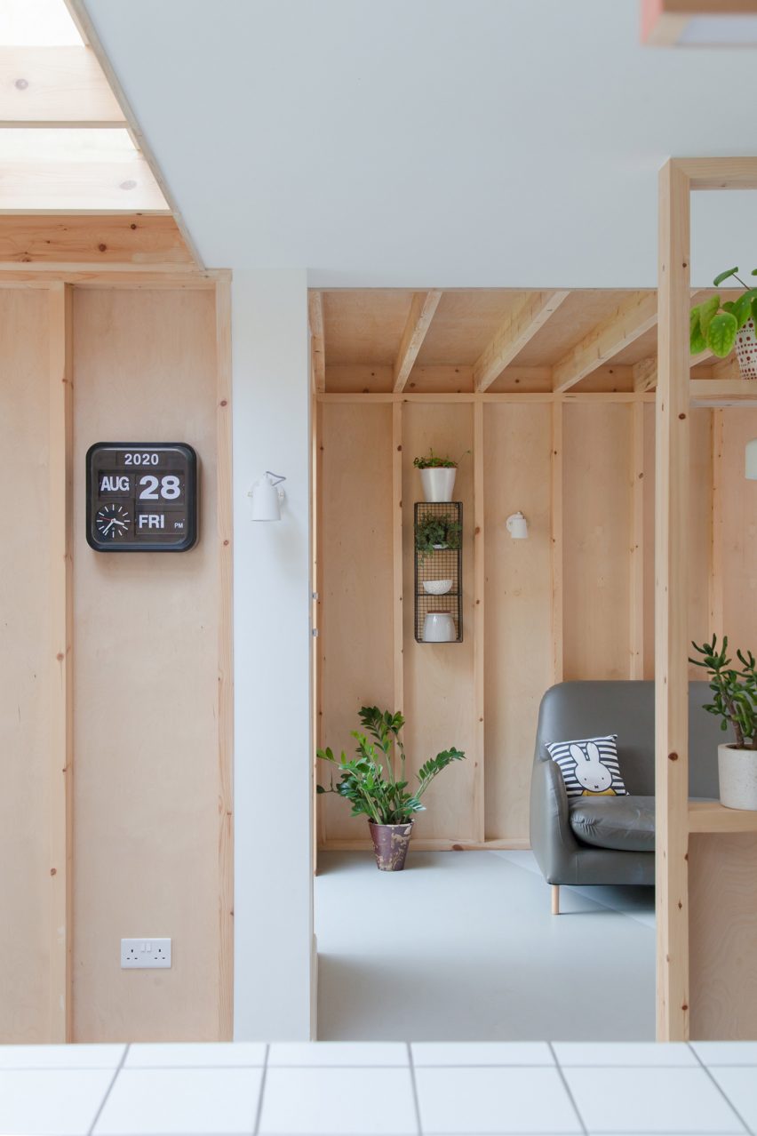A wood-lined living room