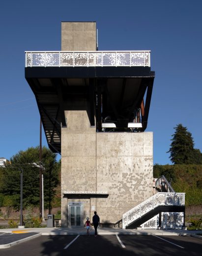 Concrete tower of New Grand Avenue Park Bridge by LMN Architects