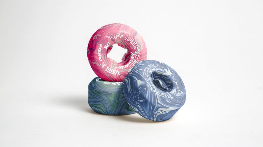 Pink, green and blue skateboard wheels made from chewing gum by Hugo Maupetit and Vivian Fischer