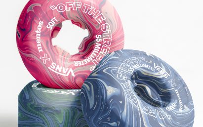 Close-up of chewing gum skateboard wheels by Hugo Maupetit and Vivian Fischer